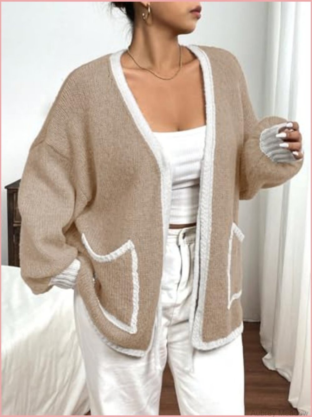 Plus Size Knit Cardigan with Pockets Open Front Long Sleeve - Picture 2 of 6